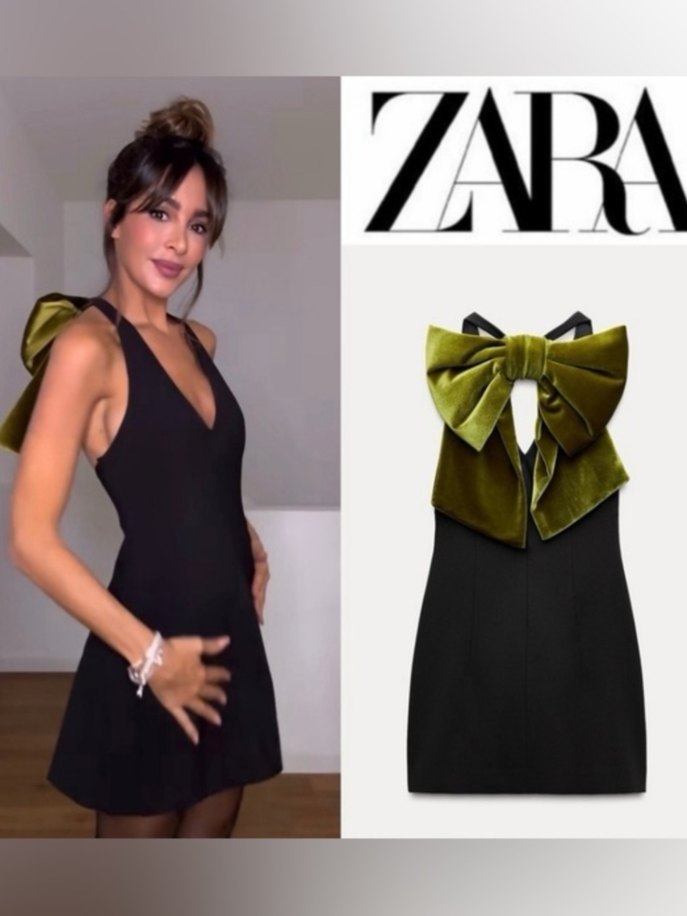 Zara VELVET BOW MAXI DRESS 
Black with Olive Bow Back